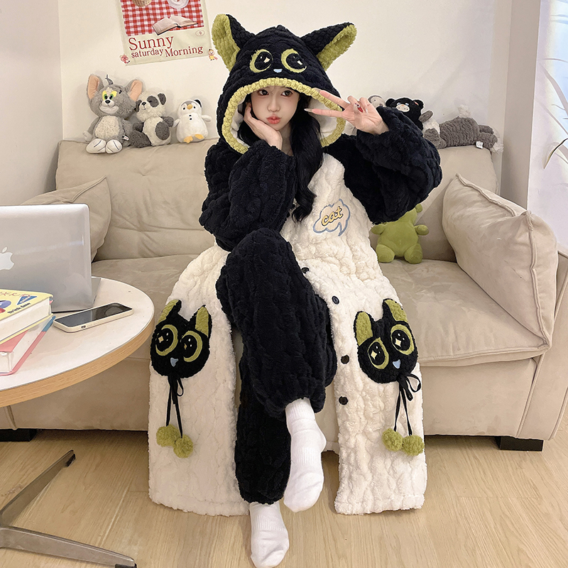 【大眼黑猫】冬季夹棉睡袍省服加绒加厚保暖睡衣女可爱学生家居服套