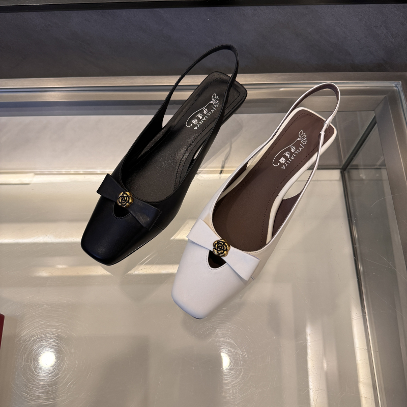 L069包头凉鞋女真皮一字带后空时尚大码女鞋后空鞋法式方头