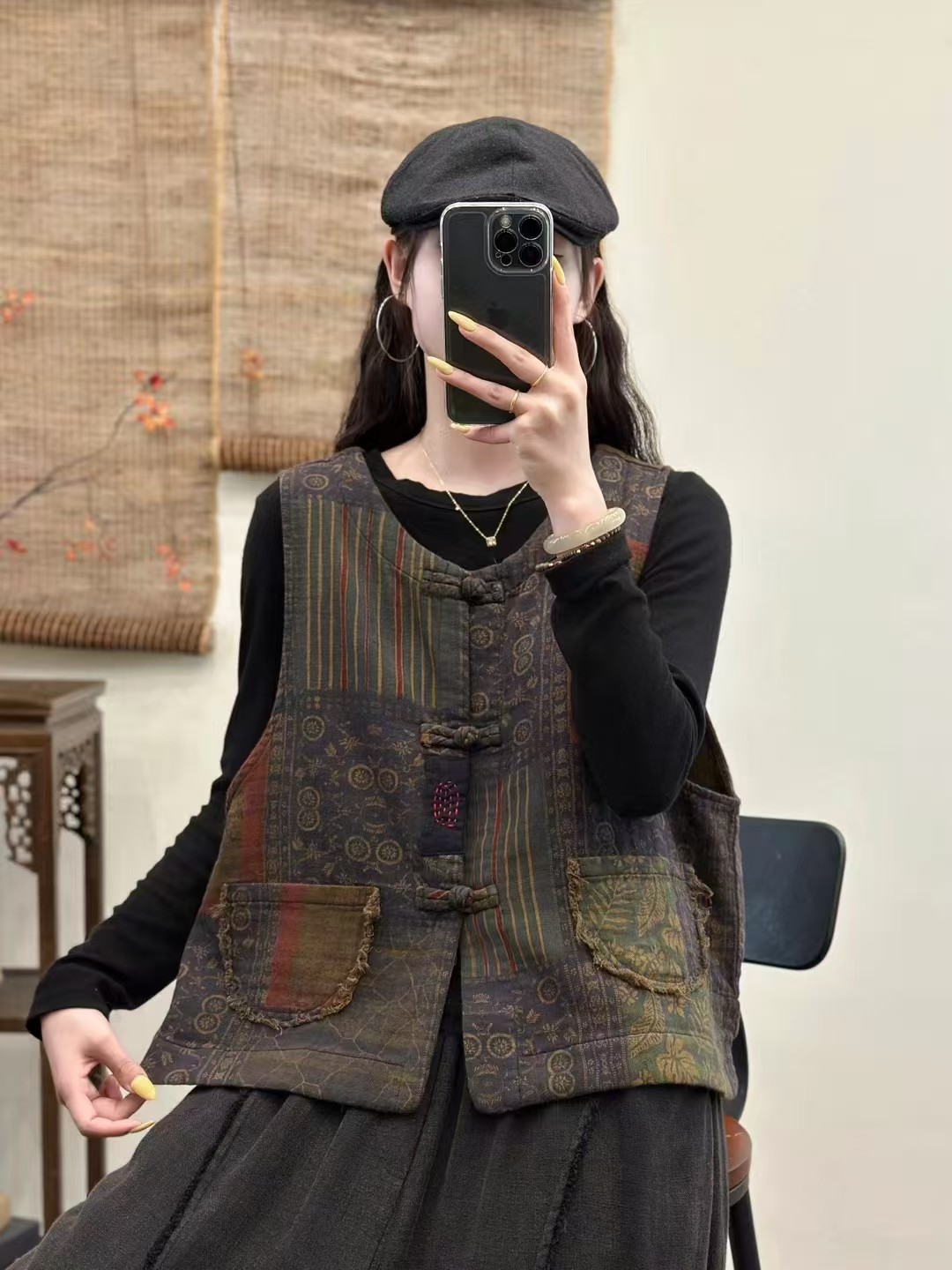 春秋新款复古印花棉麻马甲原创坎肩文艺宽松背心外套