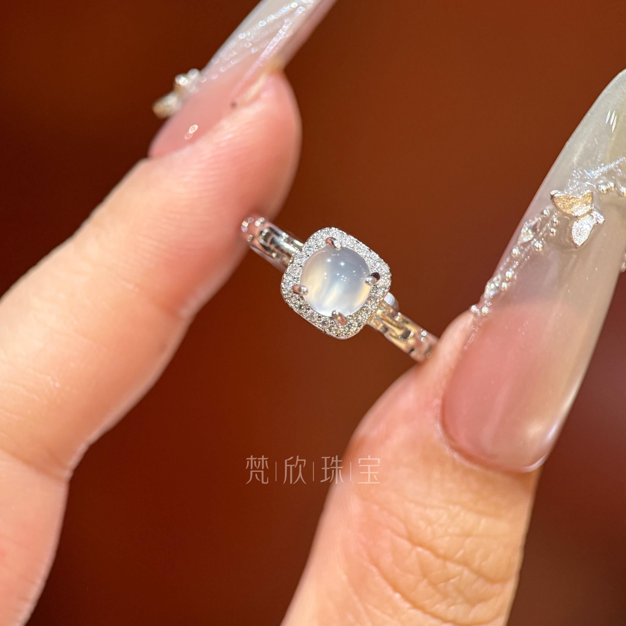 925银天然玉髓时尚小方糖精美百搭戒指 YB10