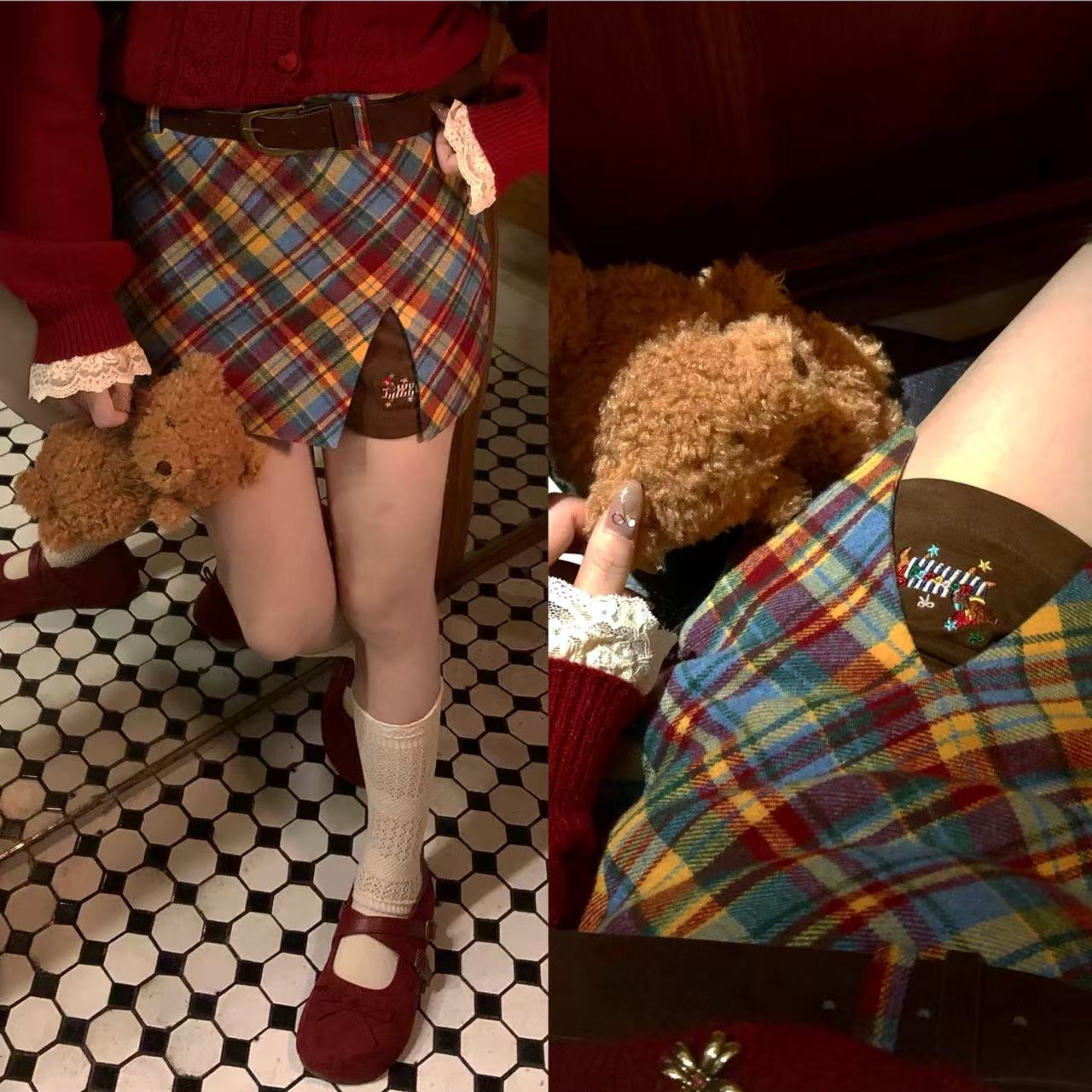 【ALITTLE 乱糟糟】“昭和彩虹”原创腊肠狗开叉A字短裙送腰带