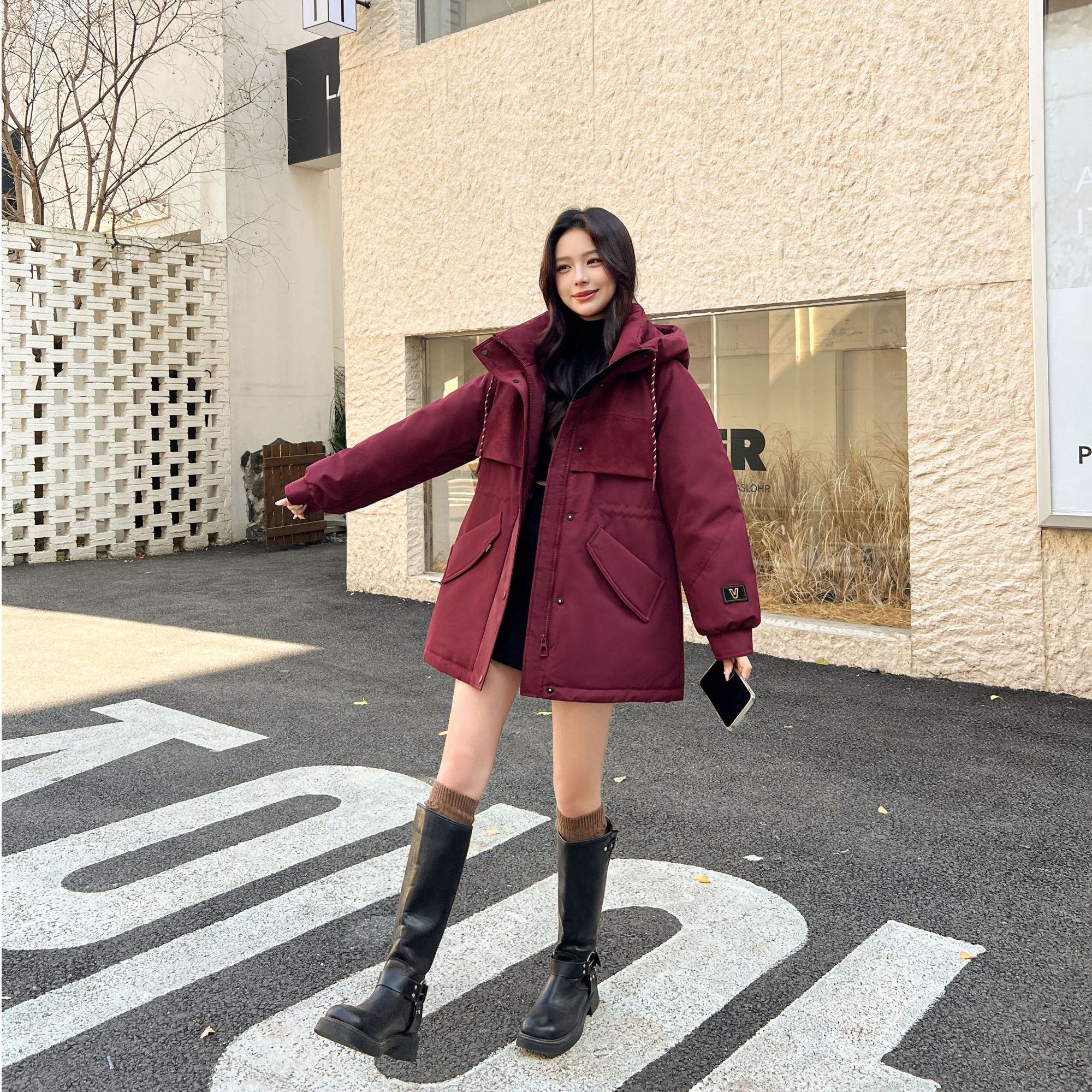 幂雀连帽女大毛领学生仙女风情侣轻职风常规中长款派克服