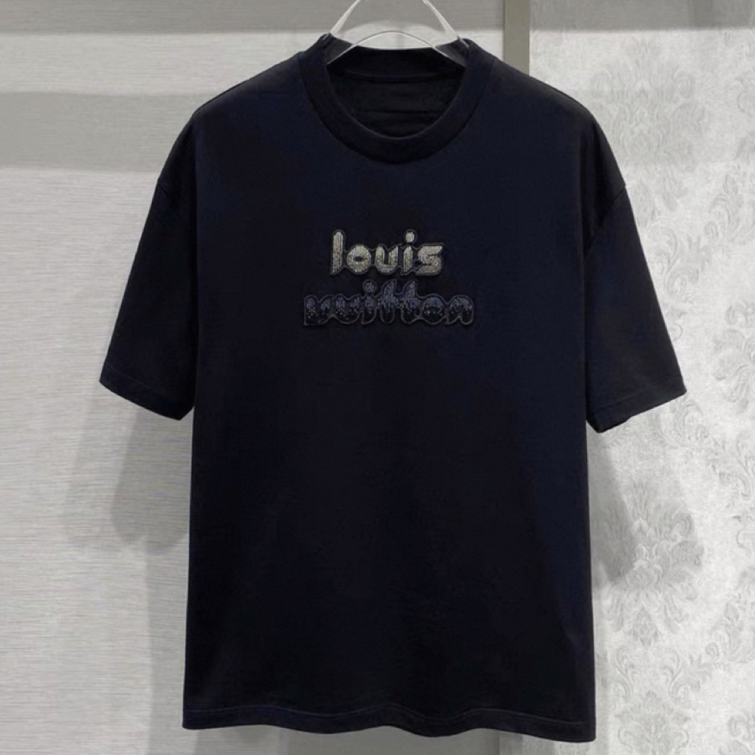 99新 LouisVuitton/路易威登 lv Logo黑串珠刺绣圆领短袖z281