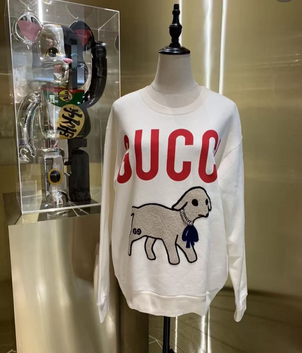 95新 GUCCI/古驰 qq12837883 米色小狗图案碎钻logo卫衣 s码