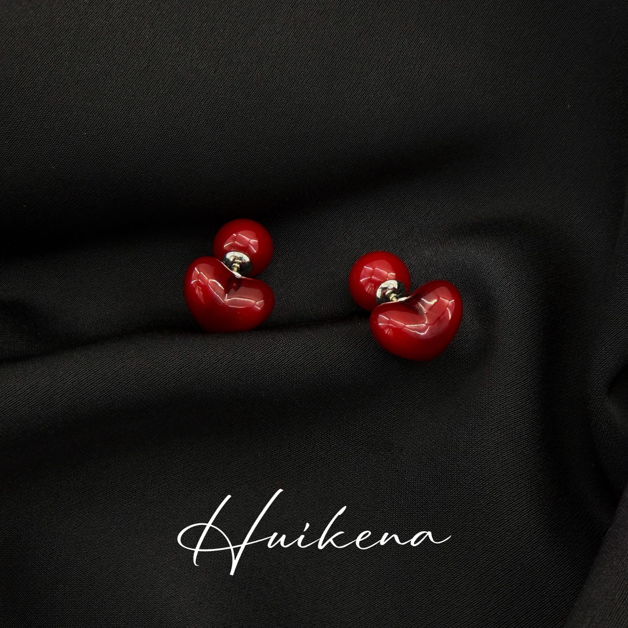   HUIKENA【爱心车厘子耳环】酒红色爱心圆球双面耳环NA100