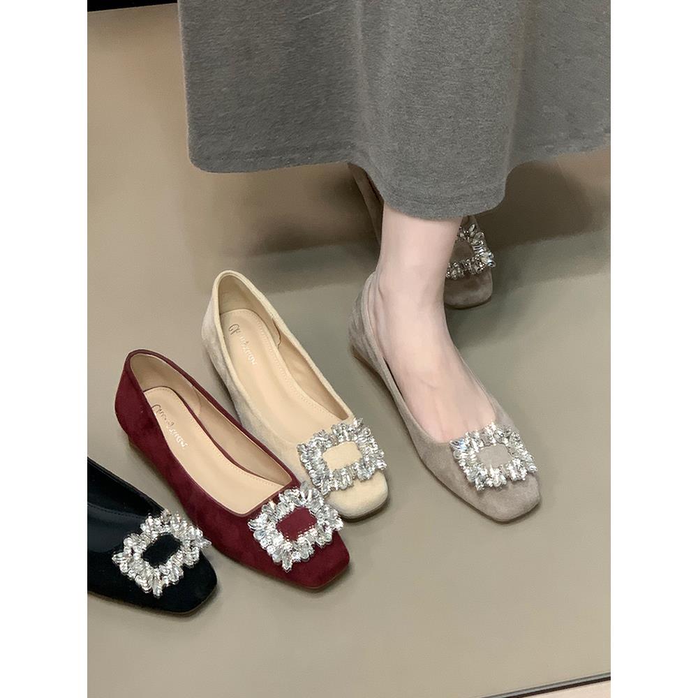 气质水钻方头秋季新款一脚蹬单鞋通勤法式低跟红色女鞋配裙子