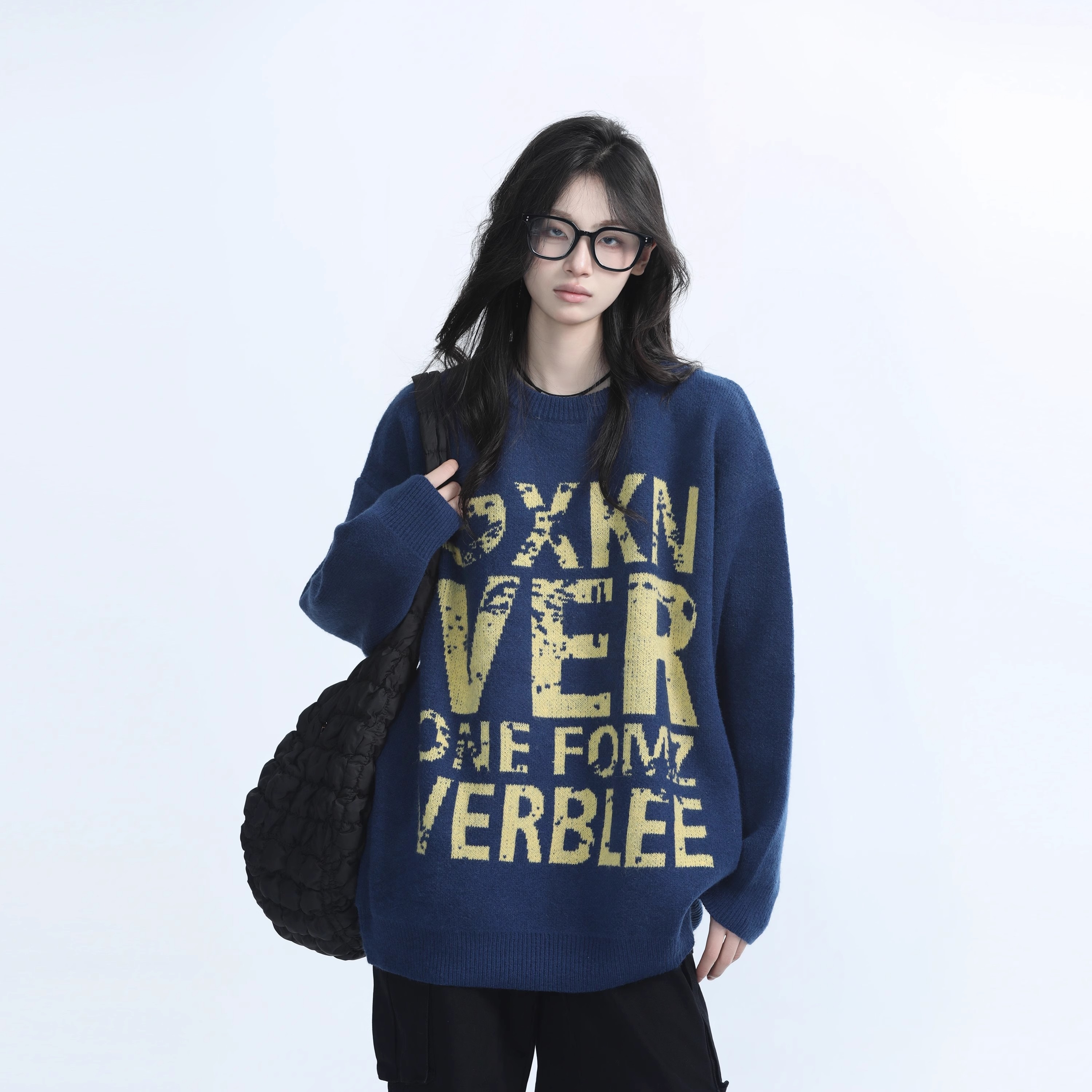 撞色美式复古提花圆领毛衣男秋冬慵懒宽松重磅保暖针织衫