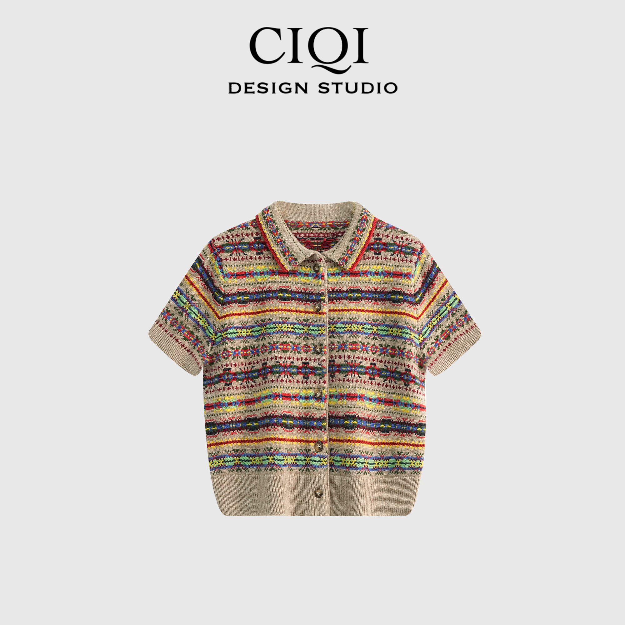 CIQI STUDIO【秋日氛围】复古费尔岛撞色提花针织开衫上衣DY251065