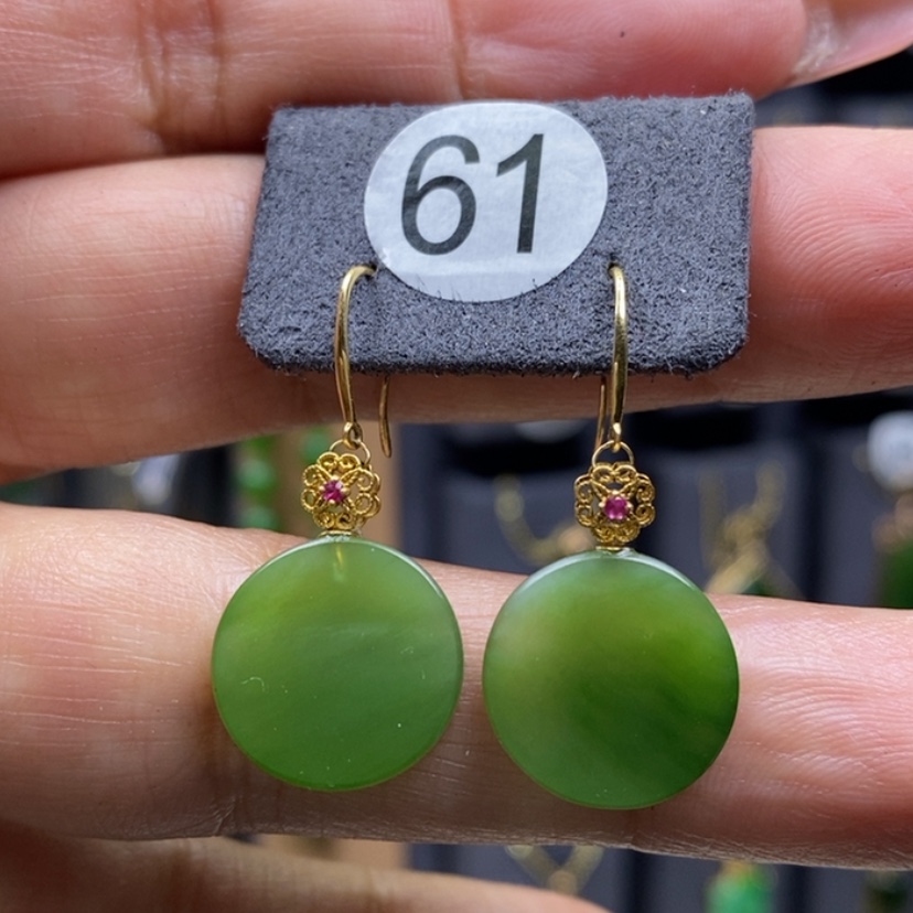 【闪购商品】和田玉耳饰18K金镶嵌14x2.8圆牌厚金耳饰