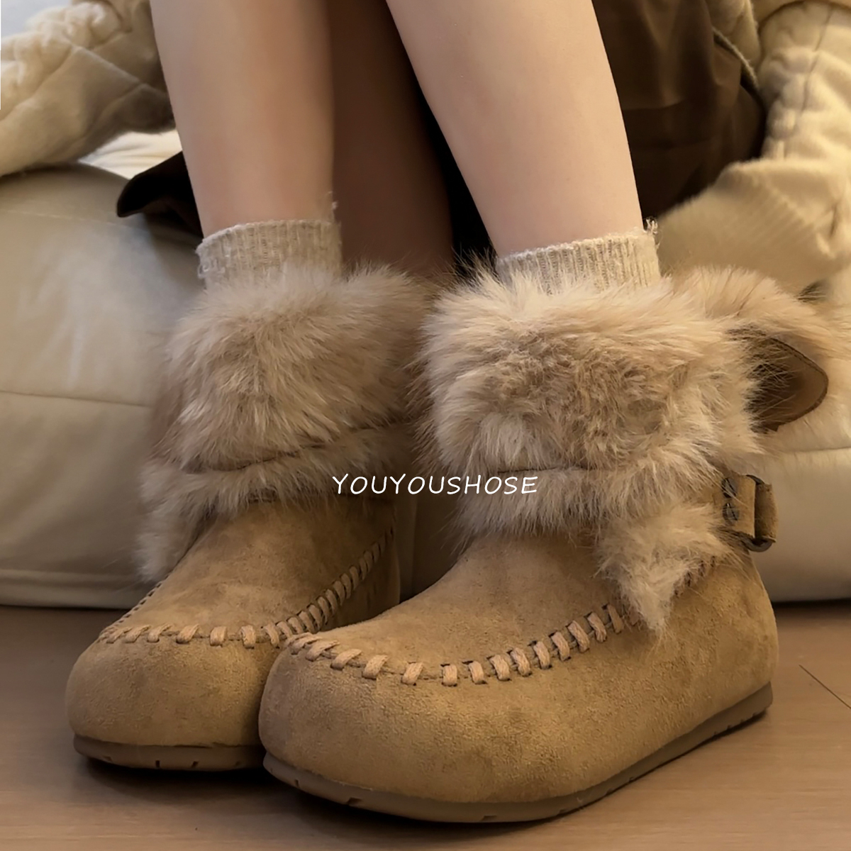 复古毛绒雪地靴女冬季加绒加厚保暖防滑厚底棉靴一脚蹬毛毛短靴子