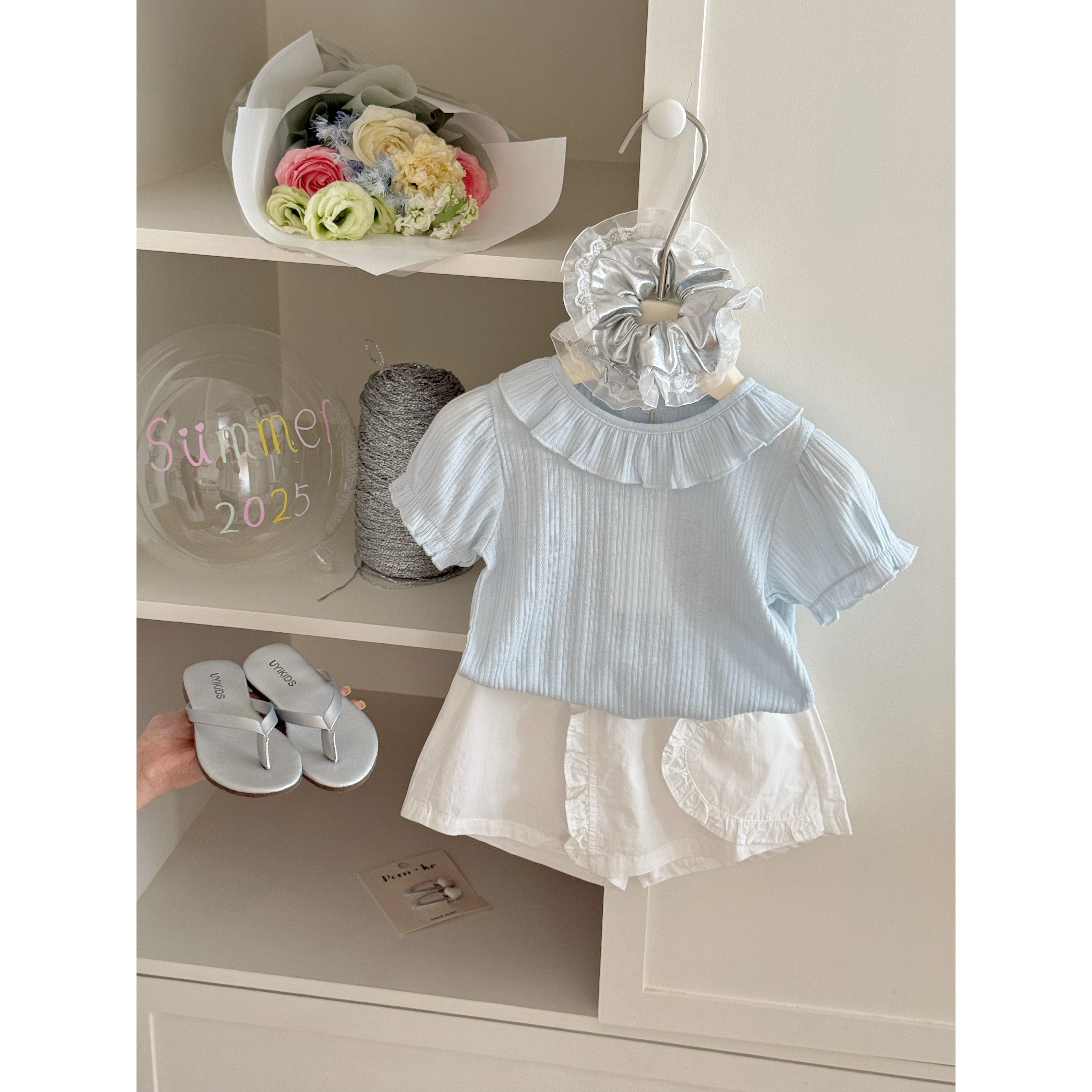 SY-3047-51092儿童韩系领泡泡袖针织短袖爱心贴布裤套装（夏款）