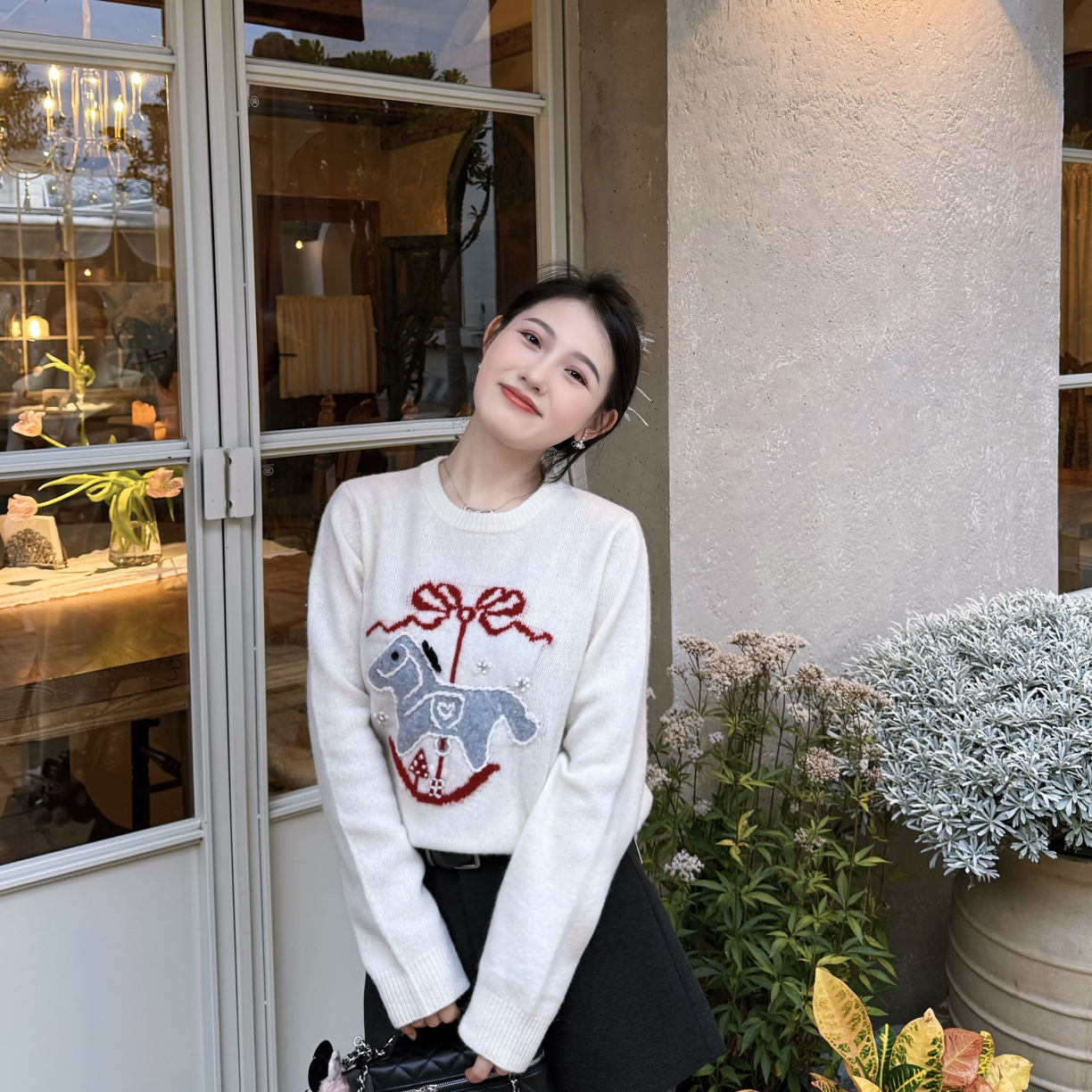 旋转木马全手工套头毛衣女秋冬圆领高级感