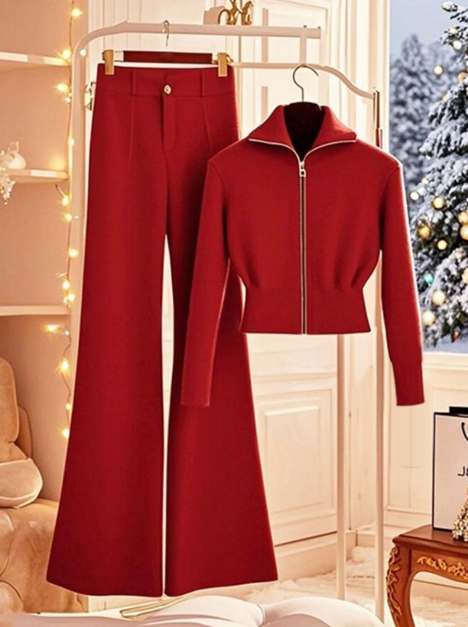 冬季穿搭一整套高级感圣诞新年御姐小香风绝美红色外套裤子套装女