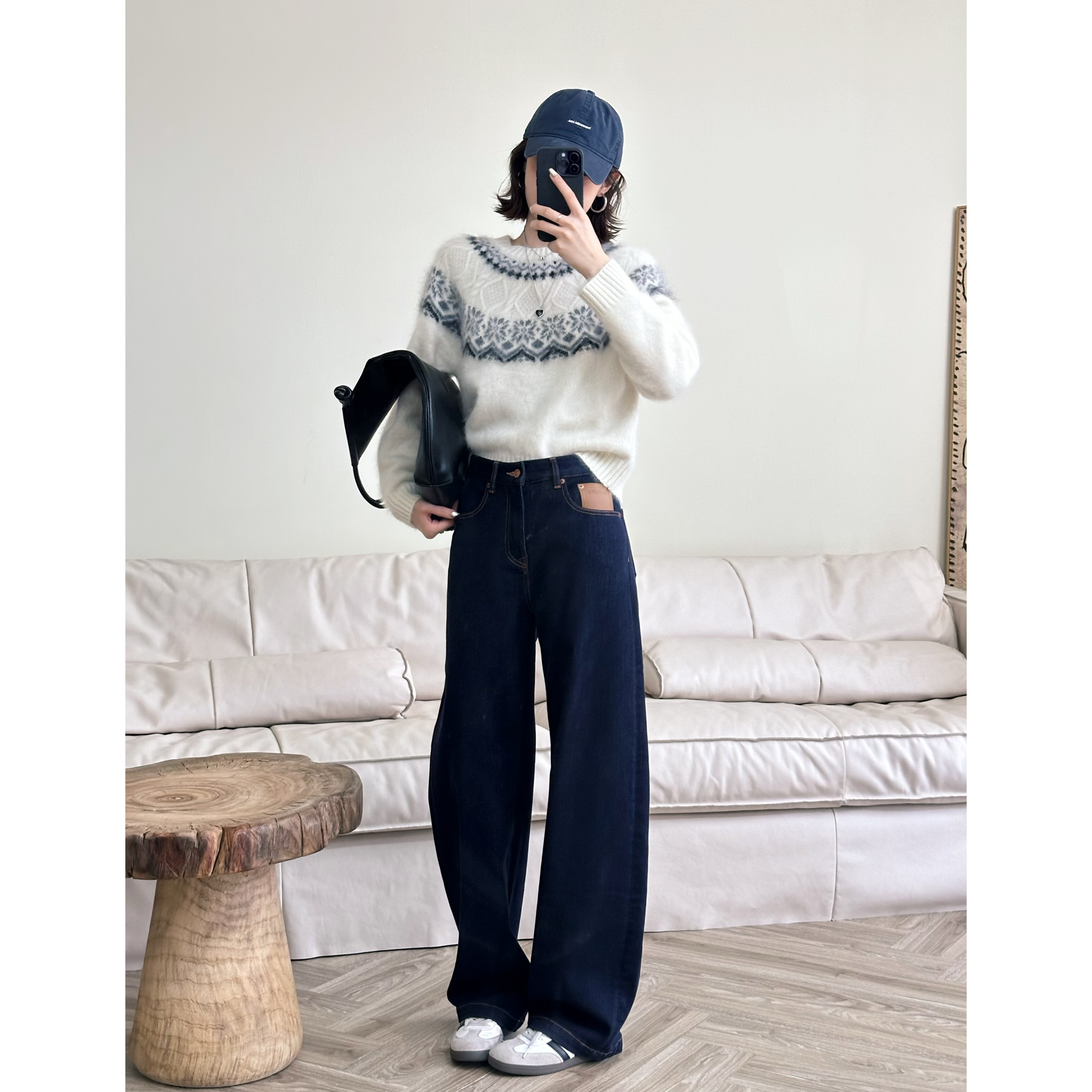 Choumei Home秋冬加绒加厚山羊绒混纺牛仔裤女原牛丹宁时髦茧型裤