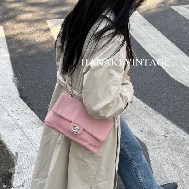 95新 Chanel/香奈儿 花绮中古/Chanel粉色菱格帆布CF斜挎包