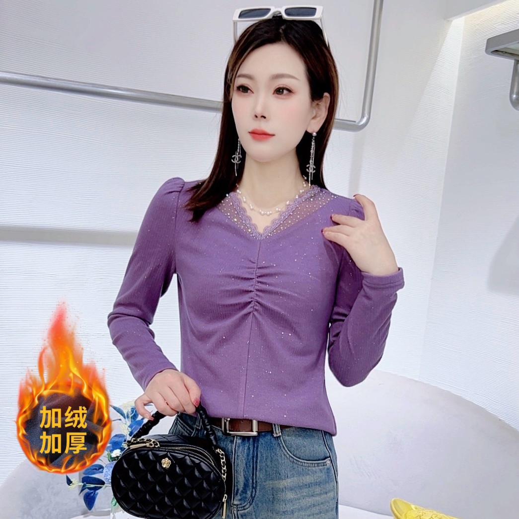 A9265时尚V领长袖T恤女冬季新款减龄保暖小衫宽松打底上衣
