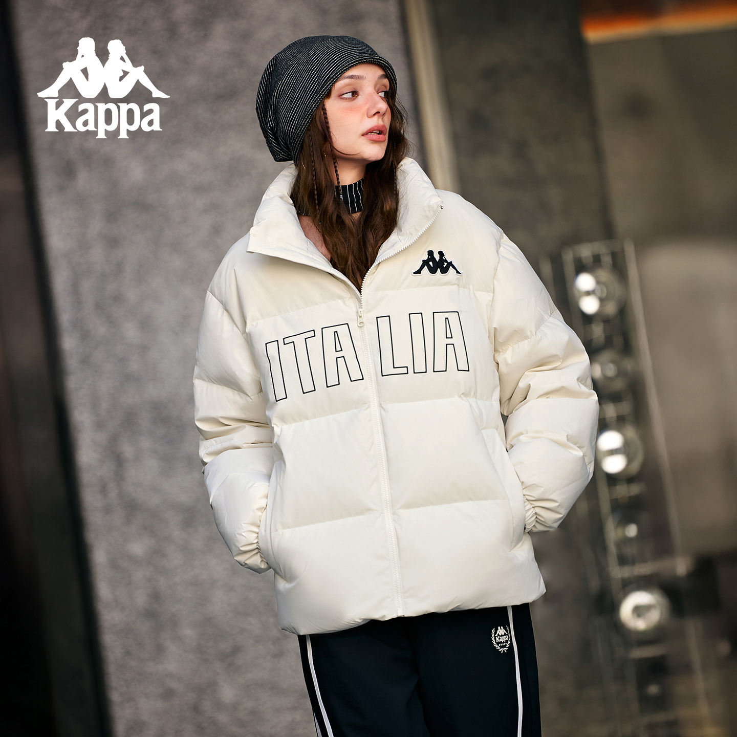Kappa/卡帕女厚款立领通用冬季撞色保暖连帽加绒秋冬羽绒服