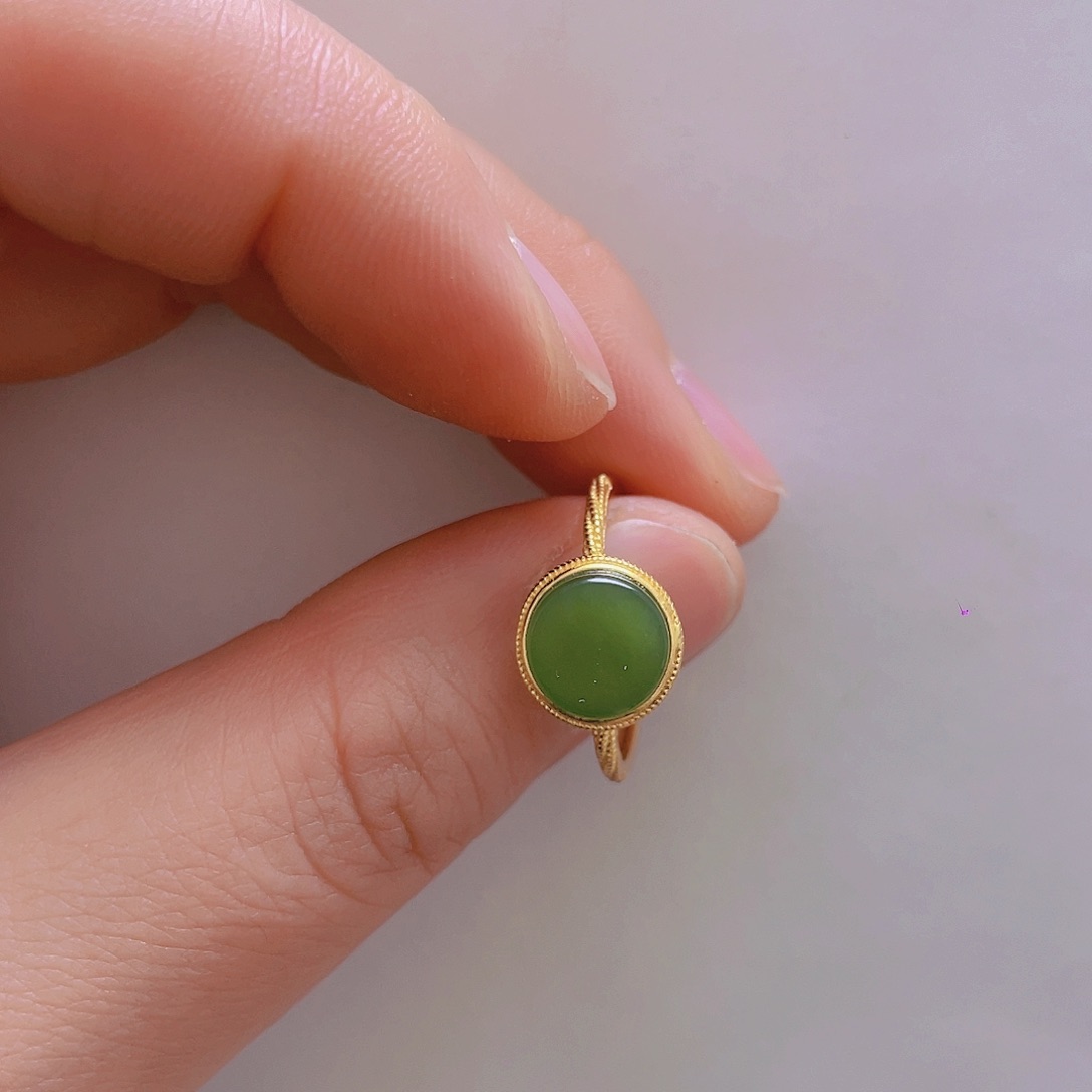 和田玉戒指银S925镀金镶嵌