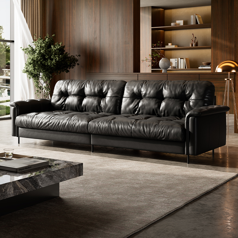 广巢家具爵士沙发意式极简全真皮沙发客厅新款头层牛皮黑色沙发