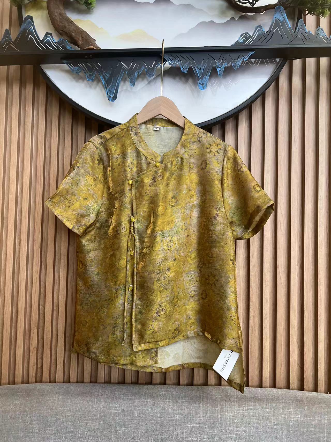 短袖国风印染气质重工上衣薄款复古花纹立领斜襟百搭8303