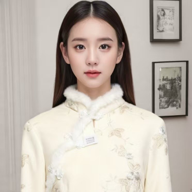 (8063)长袖高腰裙圆领日常无开衩旗袍一字扣中长裙中长款