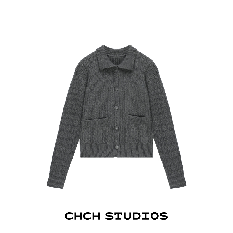 RAKS113796休闲趣味刺绣毛针织开衫2025年冬季长袖翻领宽松毛衣女