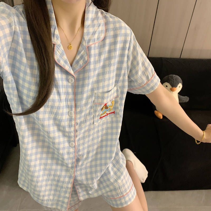 腊肠狗蓝格夏季新款睡衣女短袖三件套格子学生可外穿家居服大码