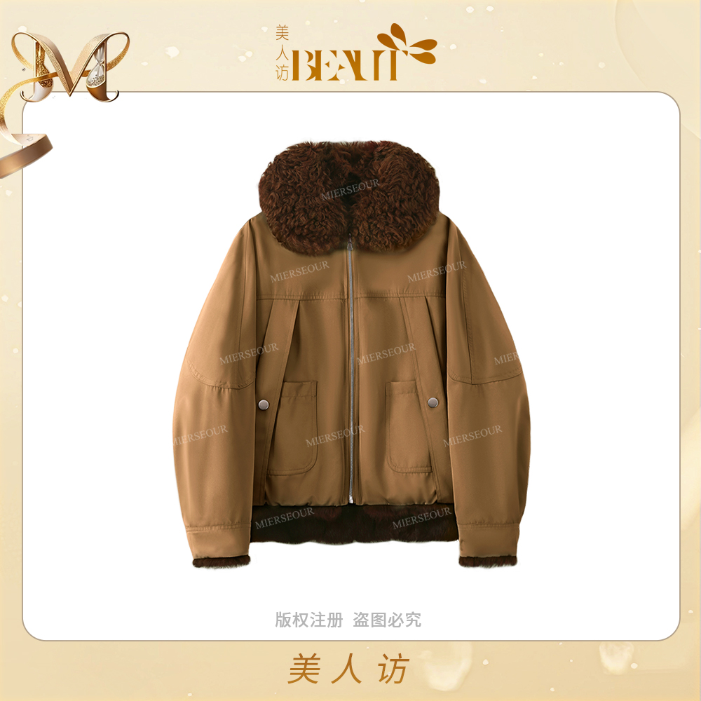 美人访【城市巡游】”卷卷羊毛领“巴恩风兔毛两面穿皮草外套12609