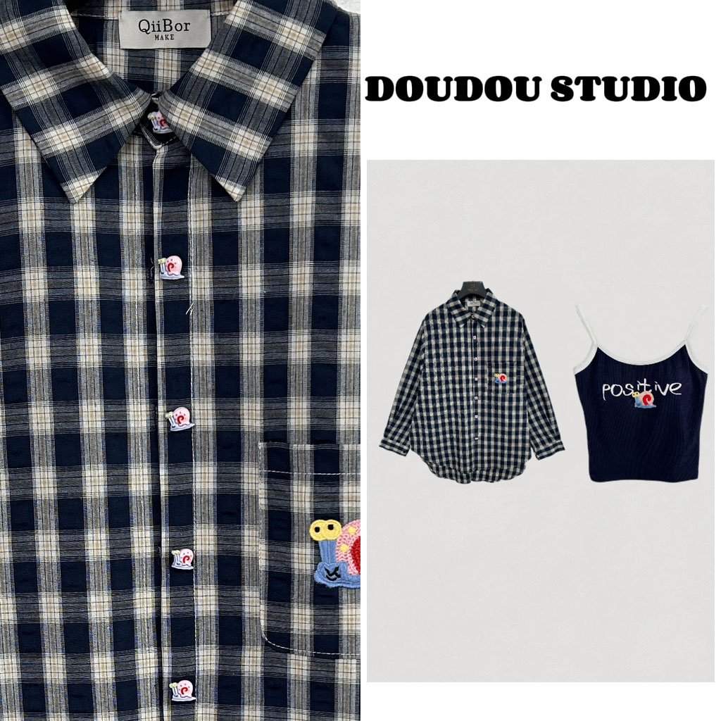 【青仓福利】春秋刺绣格子衬衫+带胸垫背心两件套装 井92310A