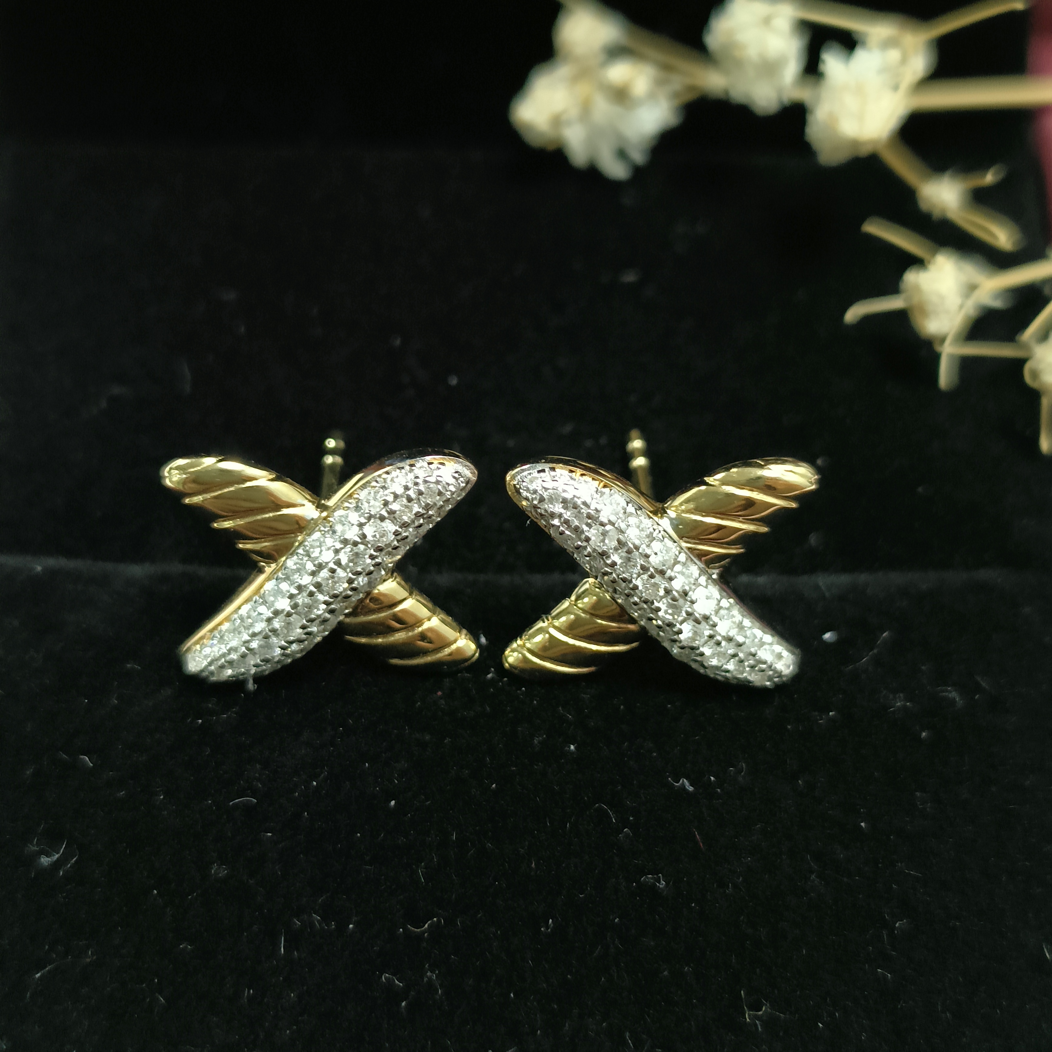 18k金x型钻石耳钉豪华闪亮灵动轻奢高级感小众设计感气质时尚耳钉