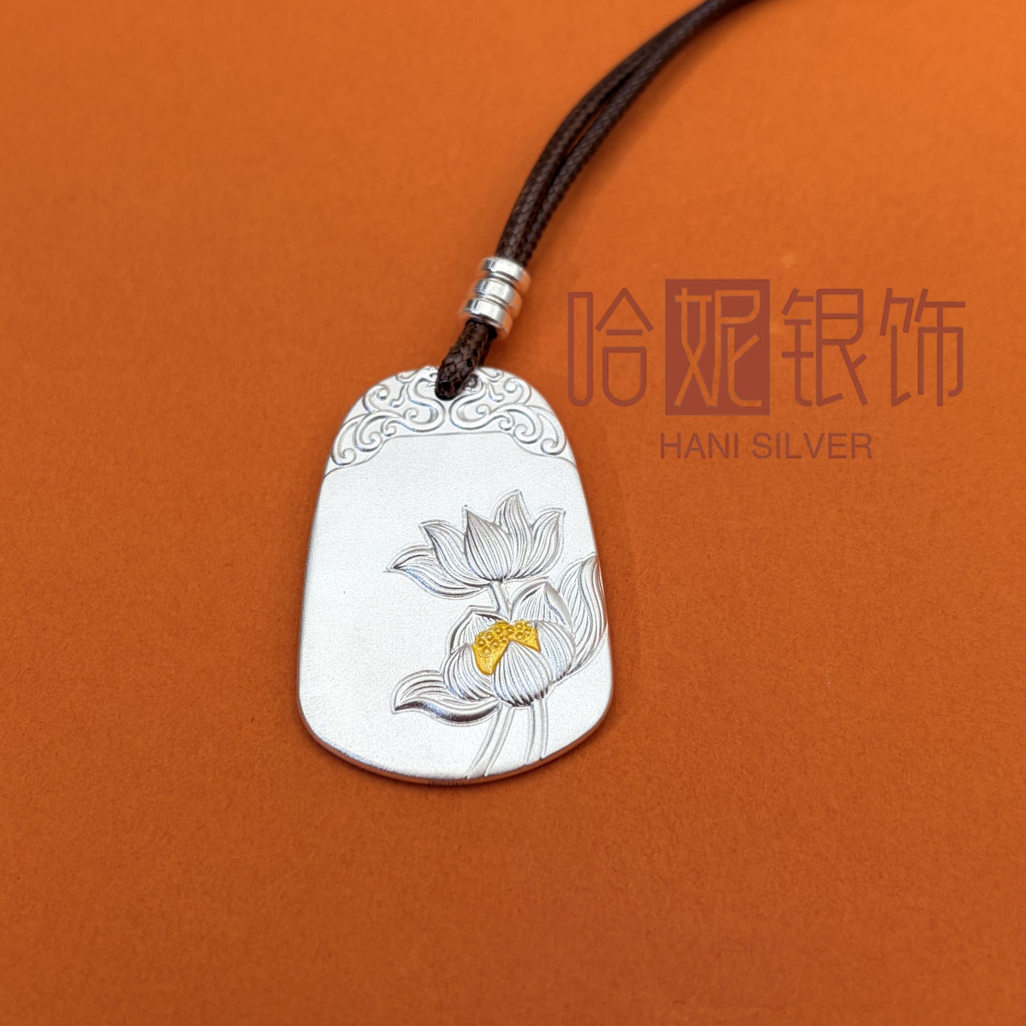吊坠足银 描金荷花无事牌足银999吊坠古法实心挂坠时尚民族风