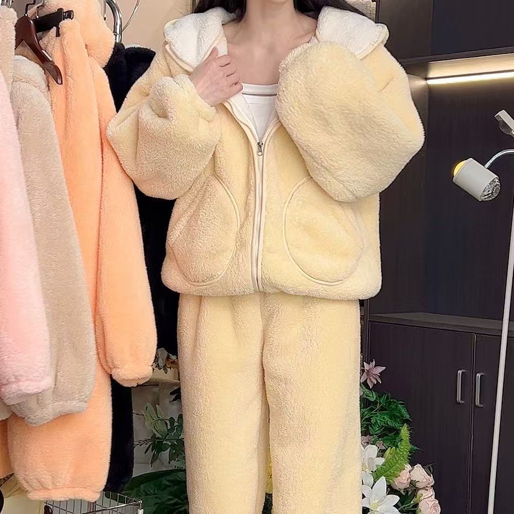 LY2025冬季新款加绒加厚拉链连帽款可家居可外穿套装睡衣
