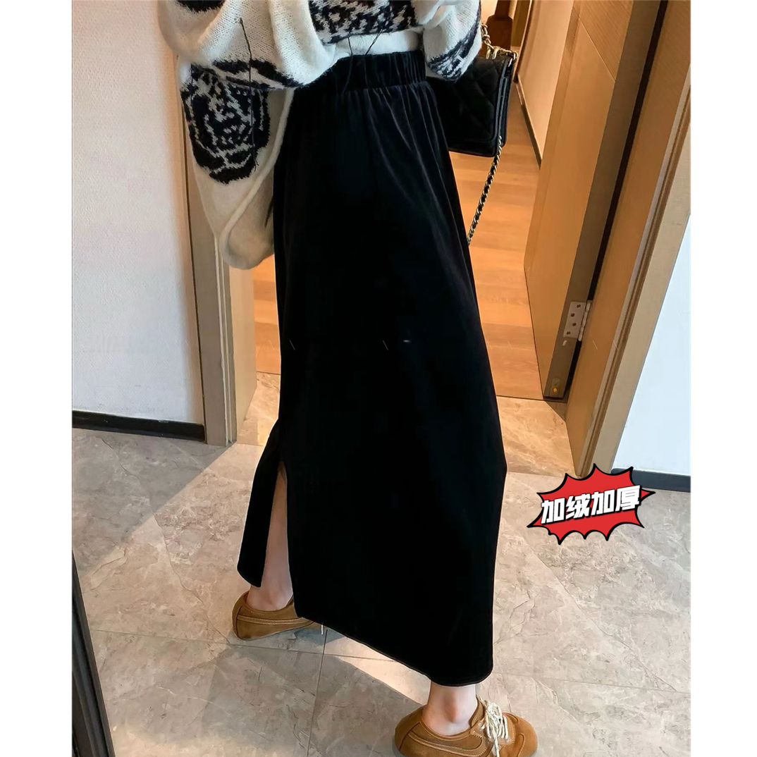 冬季新款高腰开叉金丝绒显瘦气质中长款包臀半身裙女