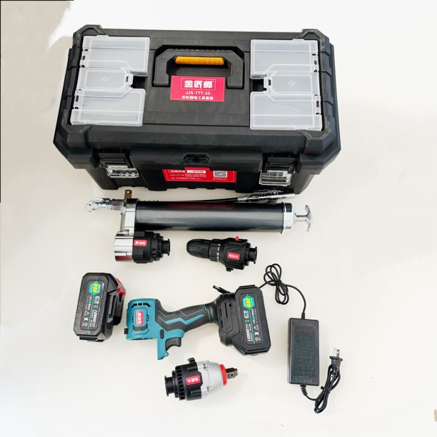农机锂电工具套装电板手电钻黄油枪三件套（两电一充）