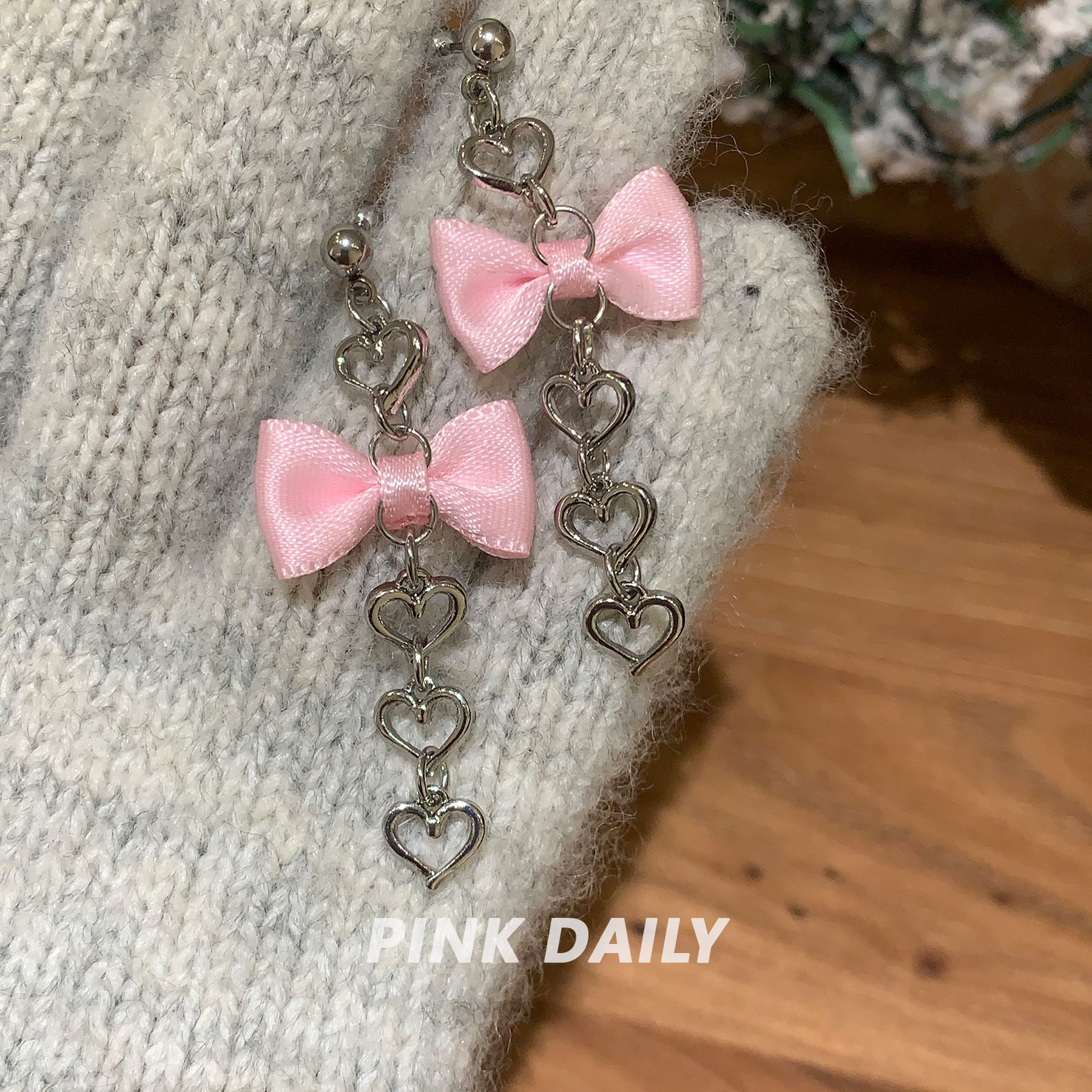 钛钢布艺耳饰 Pink Daily长流苏粉色丝带蝴蝶结耳坠爱心吊坠耳钉