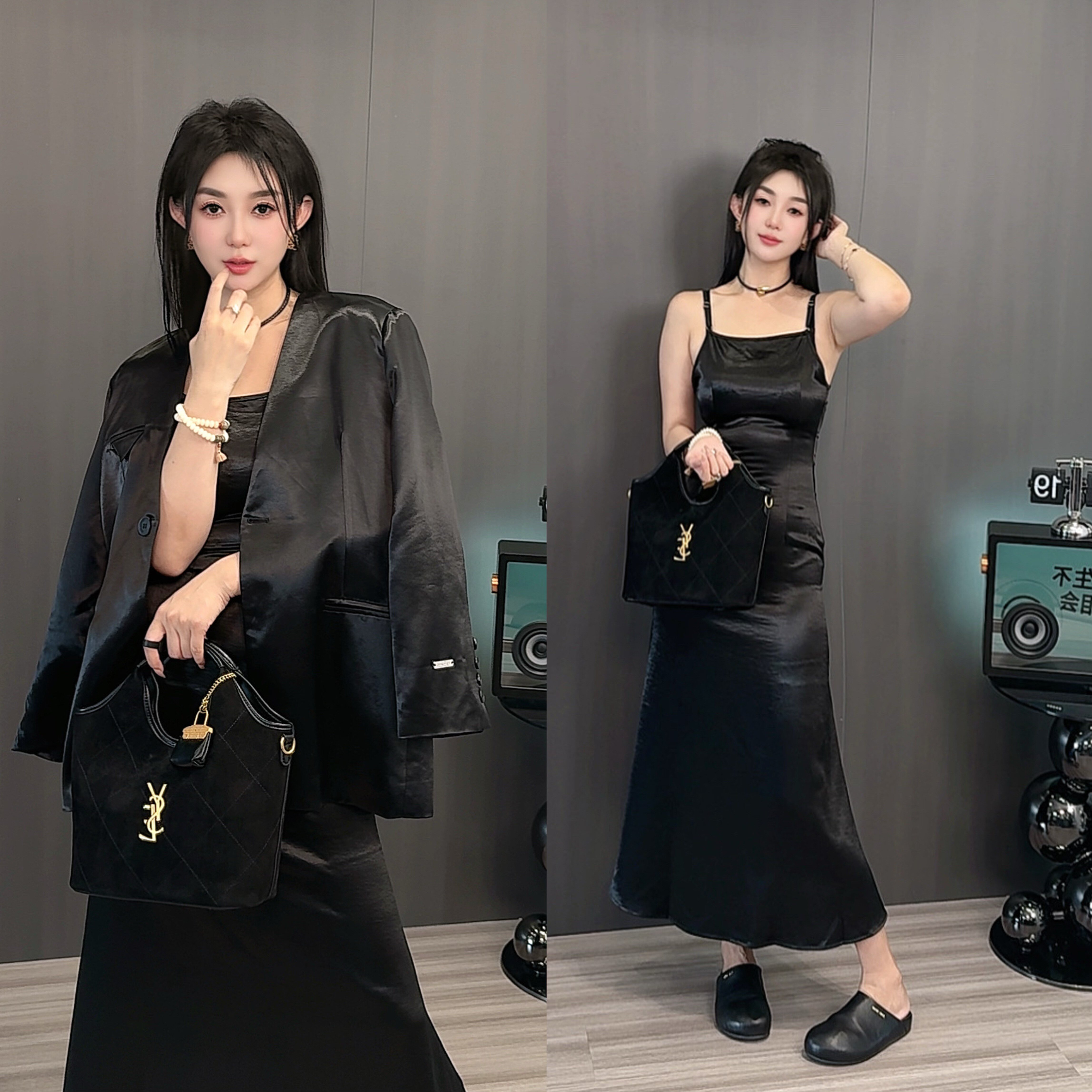 高级感西服外套女宽松中长款V领黑色小西装上衣欧货2025秋季新款