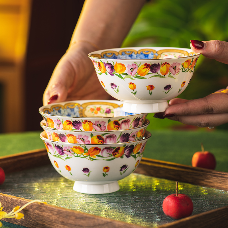 郁金香饭碗家用骨瓷餐具复古饭碗汤碗面碗高颜值碗具小碗个人专用