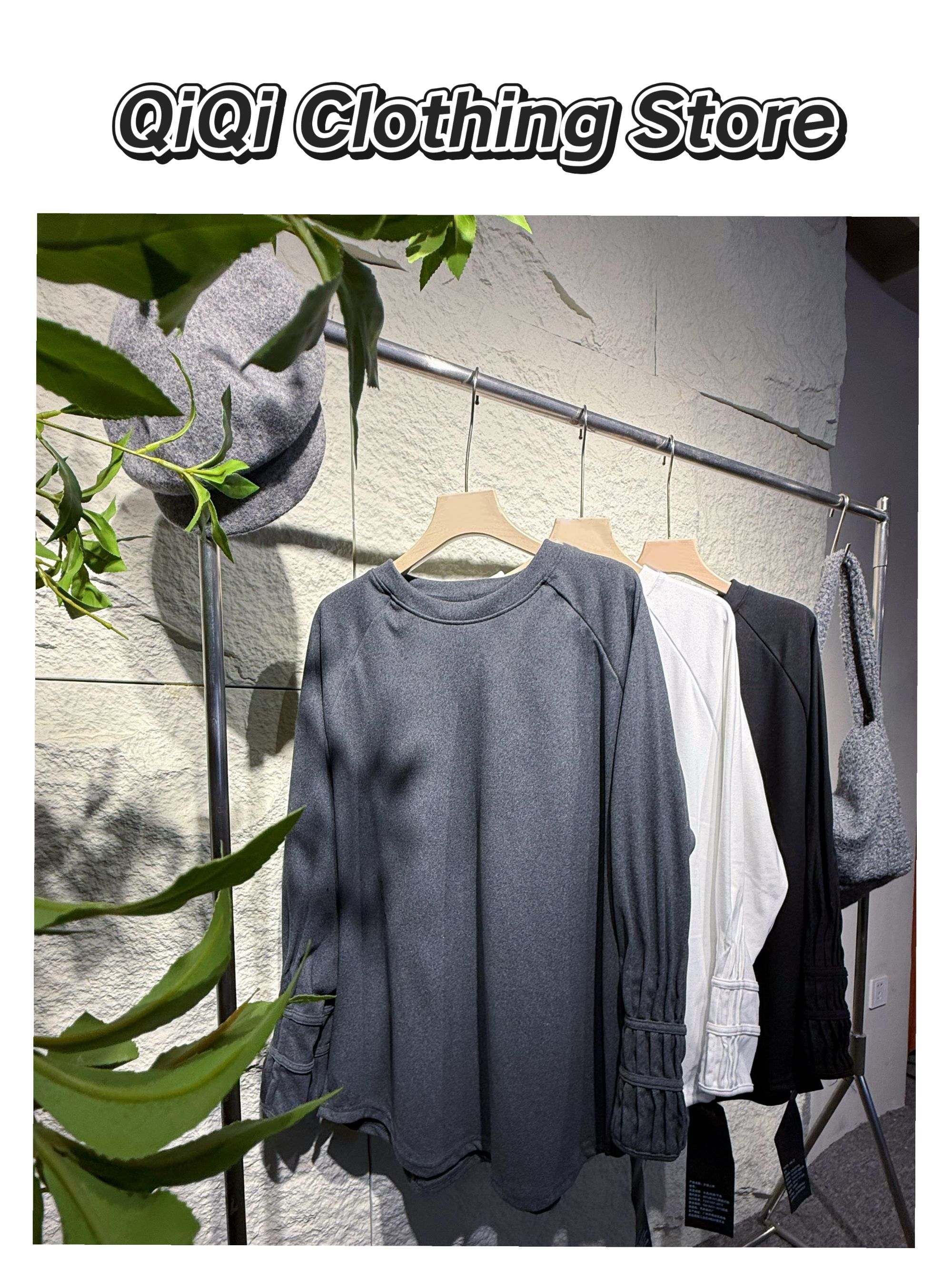 【冯七七】袖口褶皱圆领中长款长袖打底