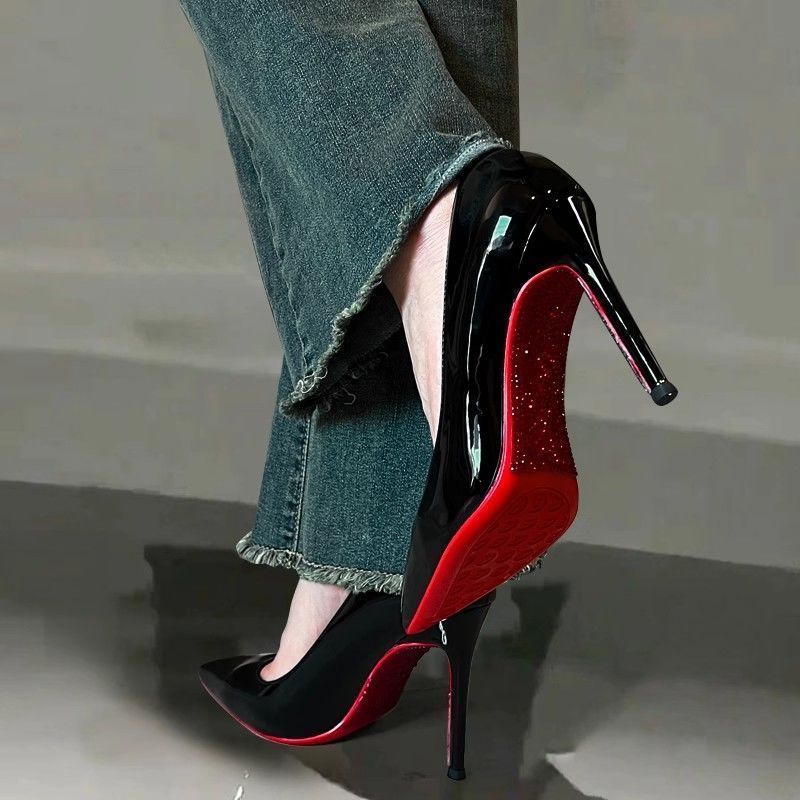 2025春秋新款水钻红底高跟鞋女细跟绝美性感黑色漆皮尖头法式单鞋