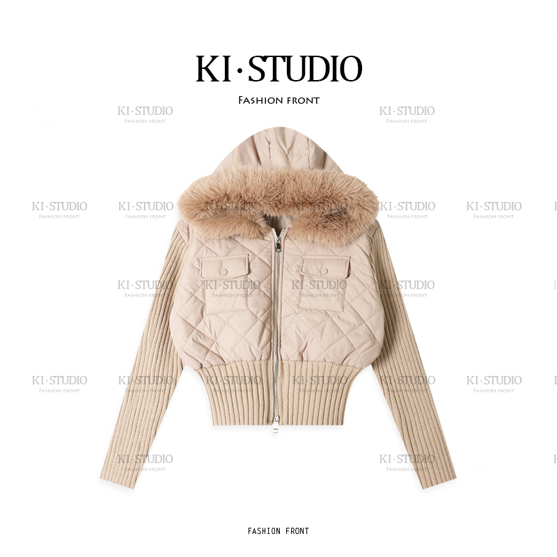 针织拼接双拉链短外套收腰显瘦仿皮草毛领棉服外套女KI-11T00053