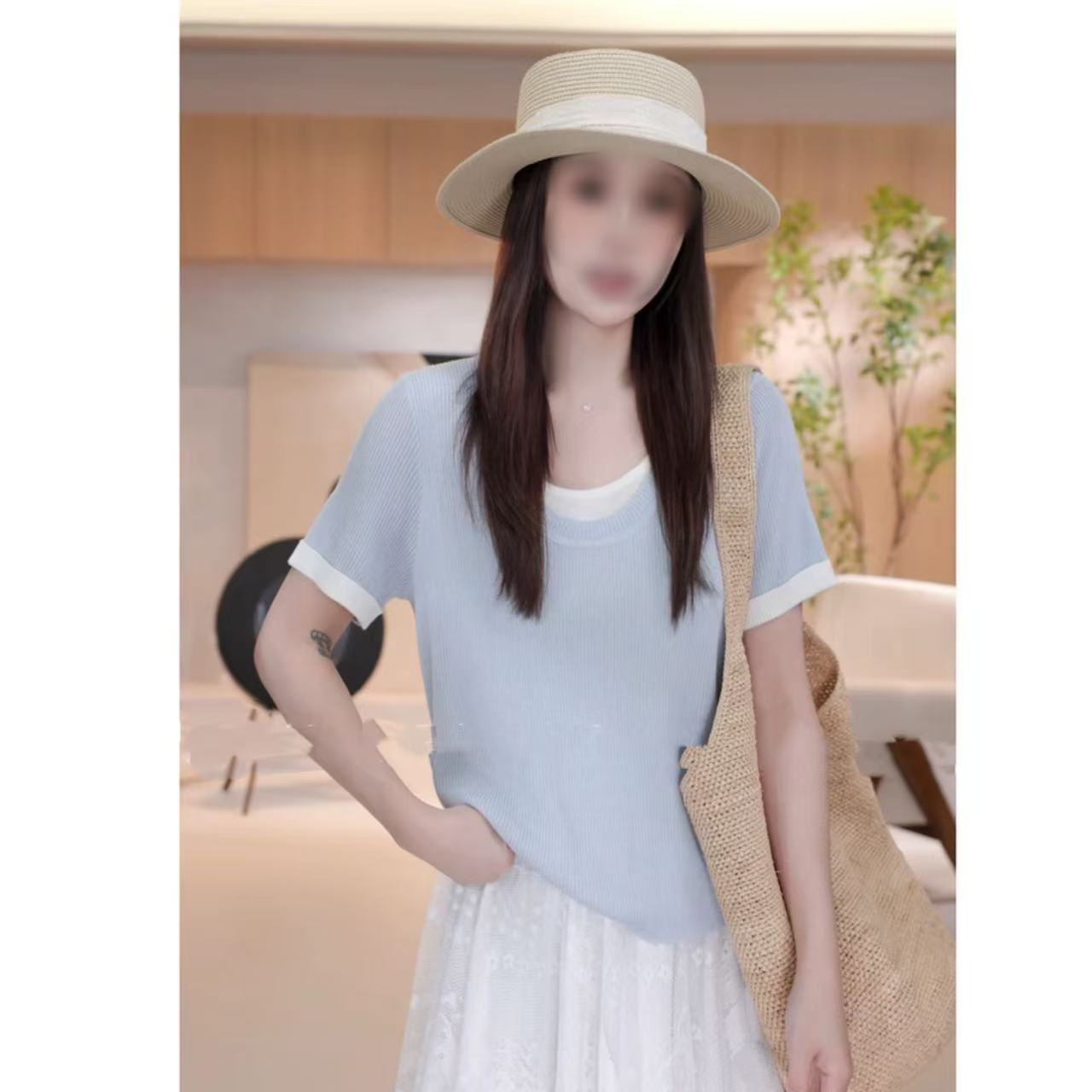 【现货】XQ2426夏季新款休闲时尚显瘦百搭拼接针织上衣