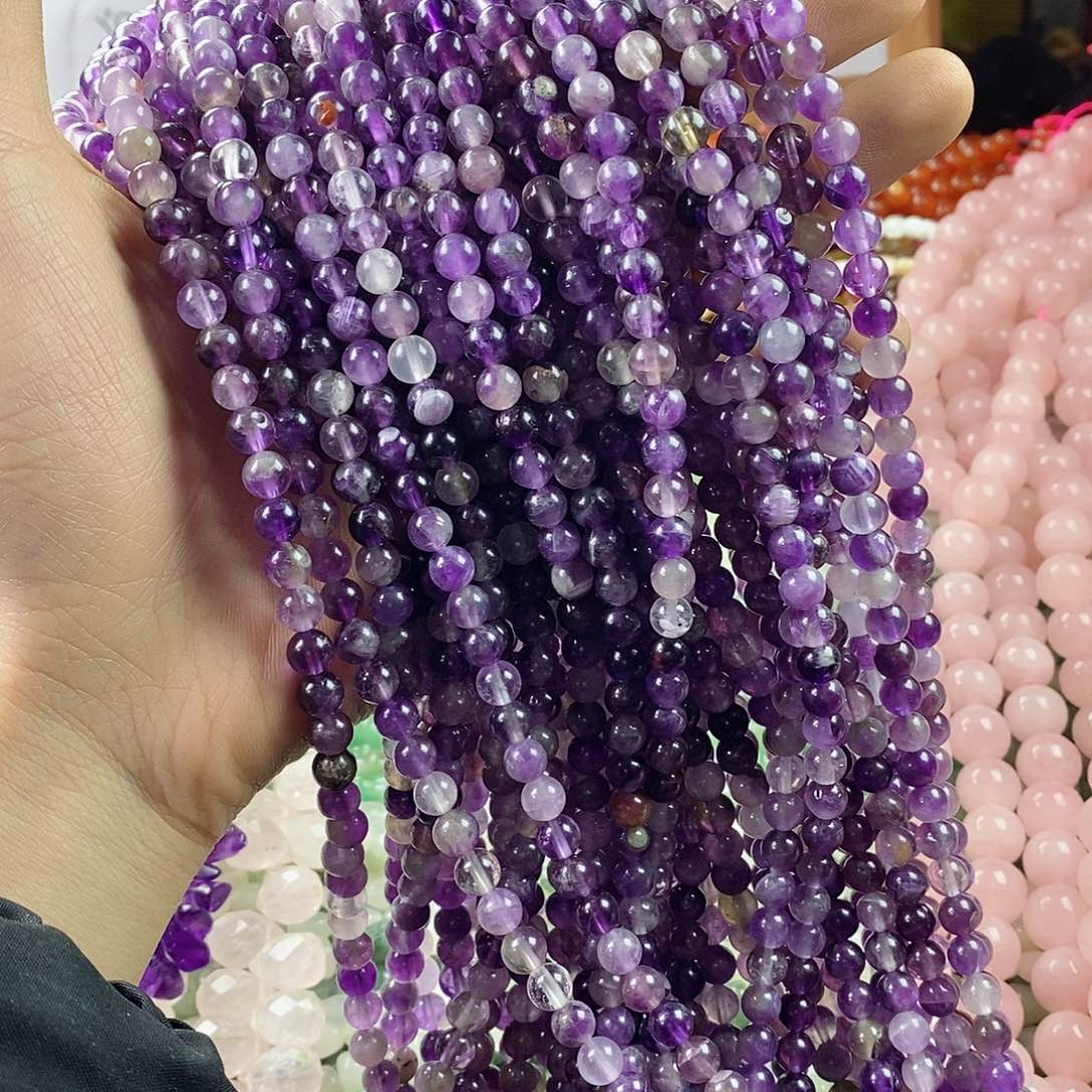 玛瑙/玉髓珠宝半成品合金一条天然6mm紫水晶圆珠微微瑕