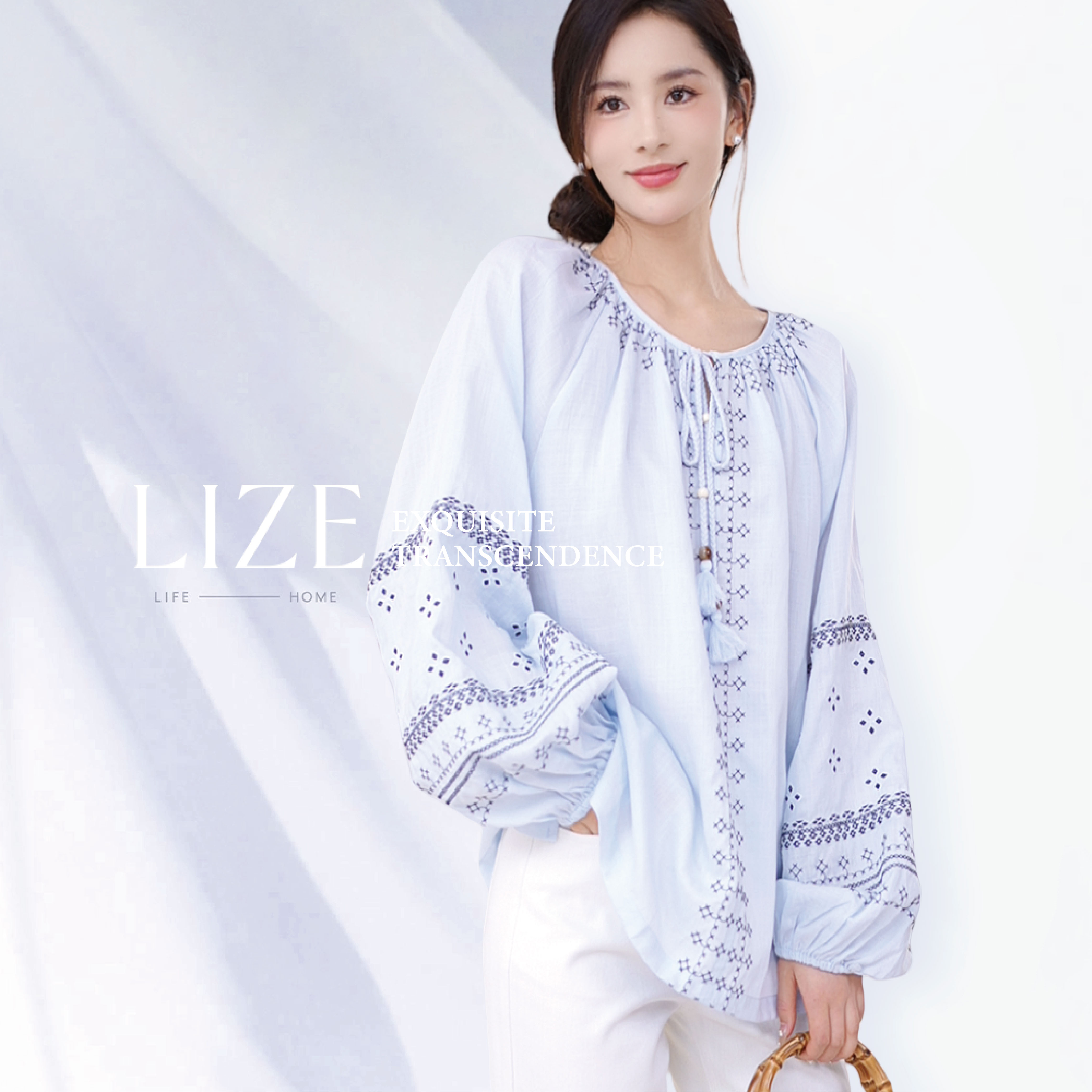 LIZE「卡捷琳娜」定织天丝亚麻 万针精工刺绣 手编麻花流苏衬衫