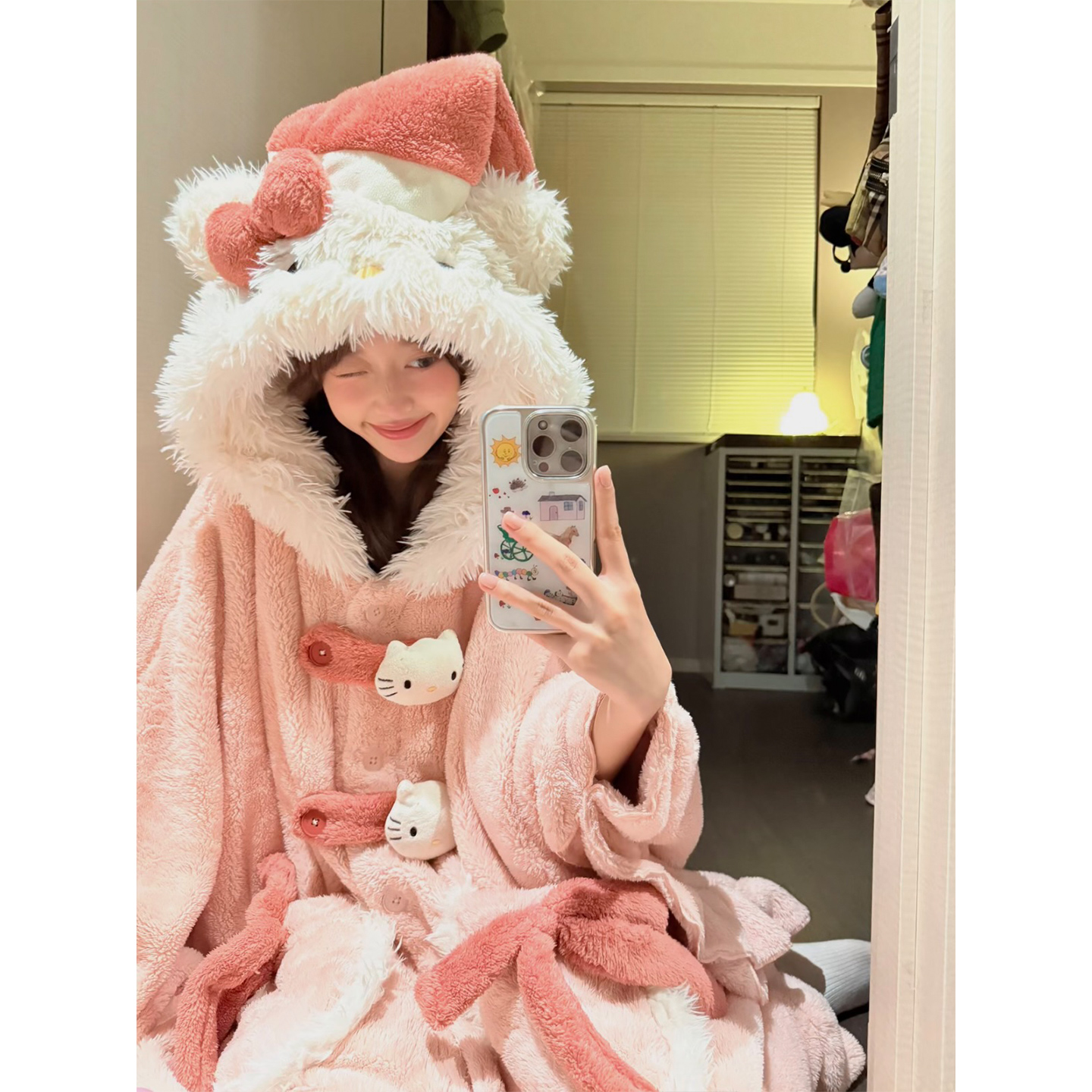 睡衣女冬季加厚法兰绒长袖粉色魔法帽凯蒂猫少女斗篷珊瑚绒家居服