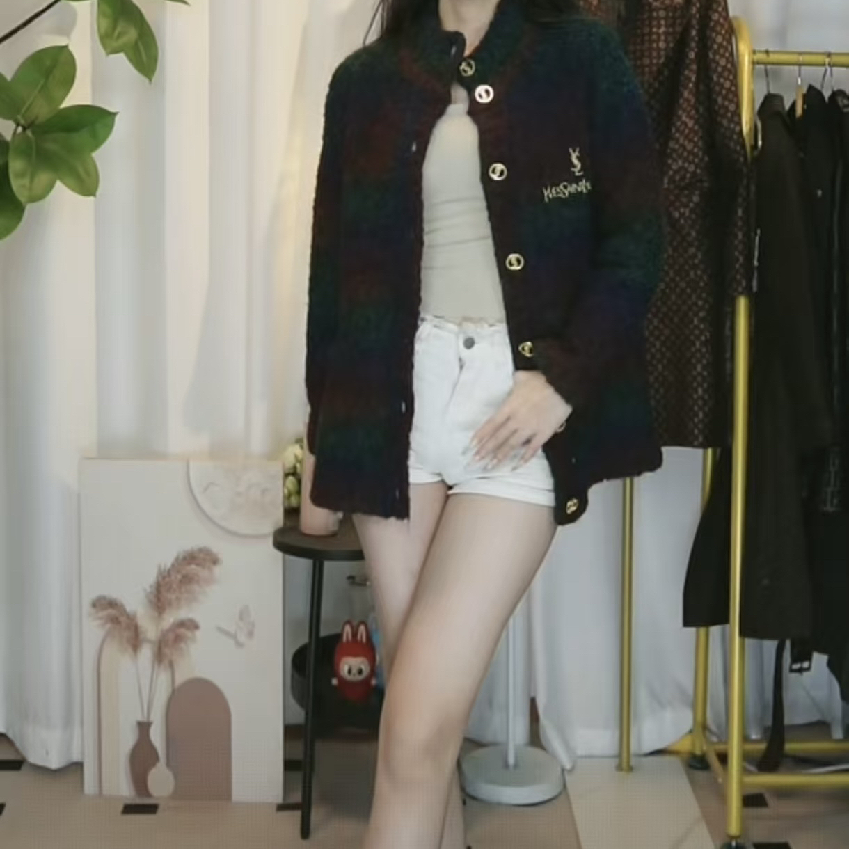 95新 YSL/圣罗兰 彩色秋冬黑色针织外套fff4687女装上衣轻奢