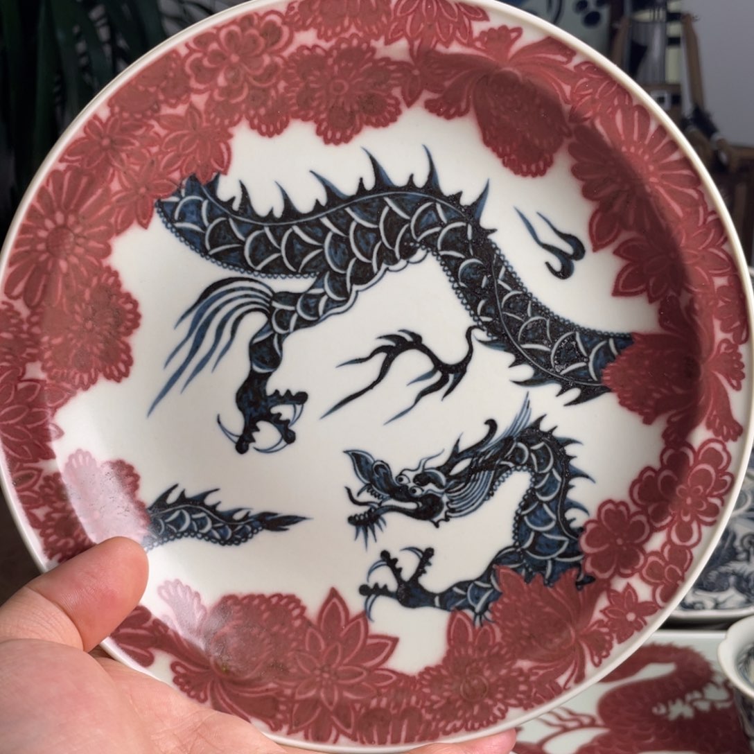 青花釉里红花卉龙壶承