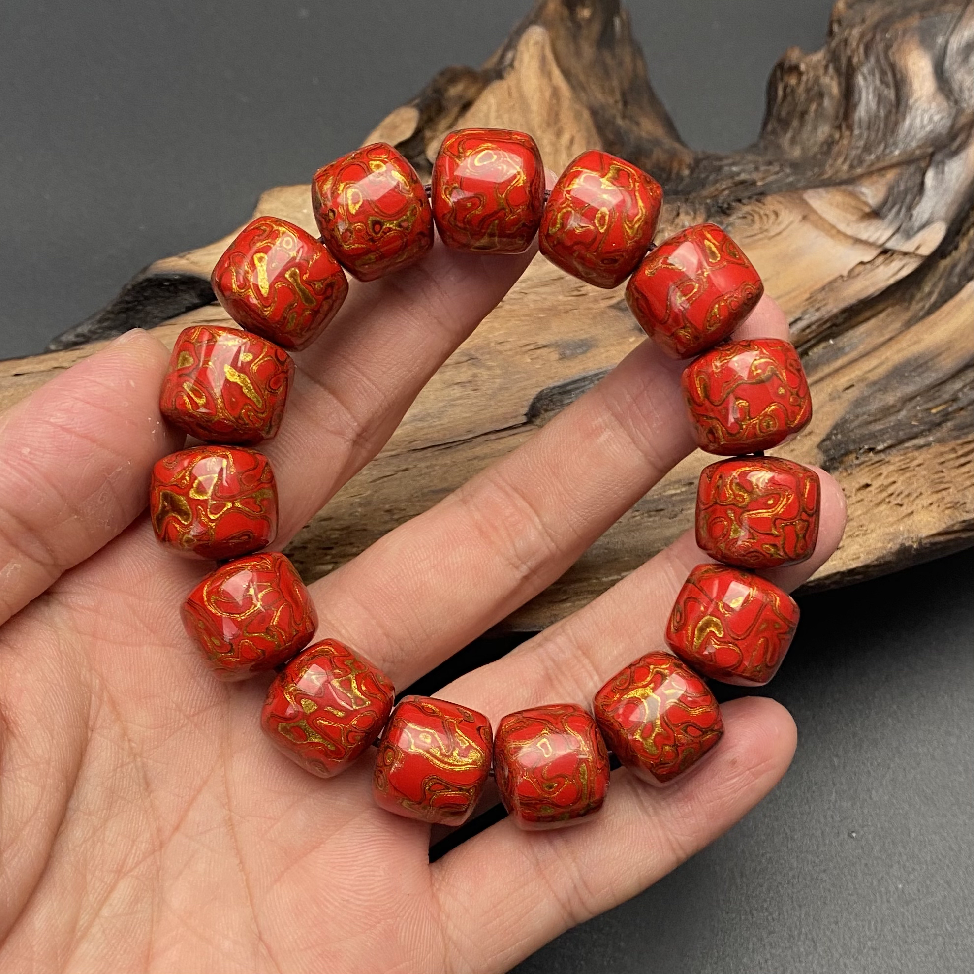 1.6cm红金老型大漆珠子手串 漆器非遗文化 大漆珠