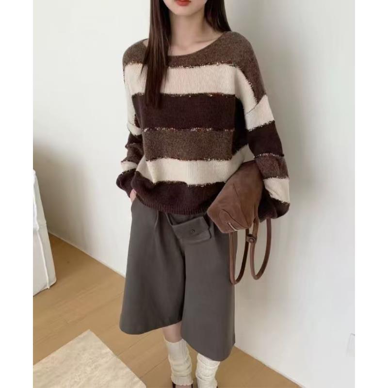 （女装）8356 慵懒风落肩袖复古圆领长袖秋季条纹毛针织衫