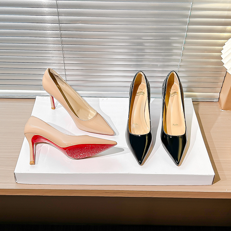 尖头百搭浅口细跟性感红底高跟鞋单鞋黑色漆皮职业真皮工作鞋女士