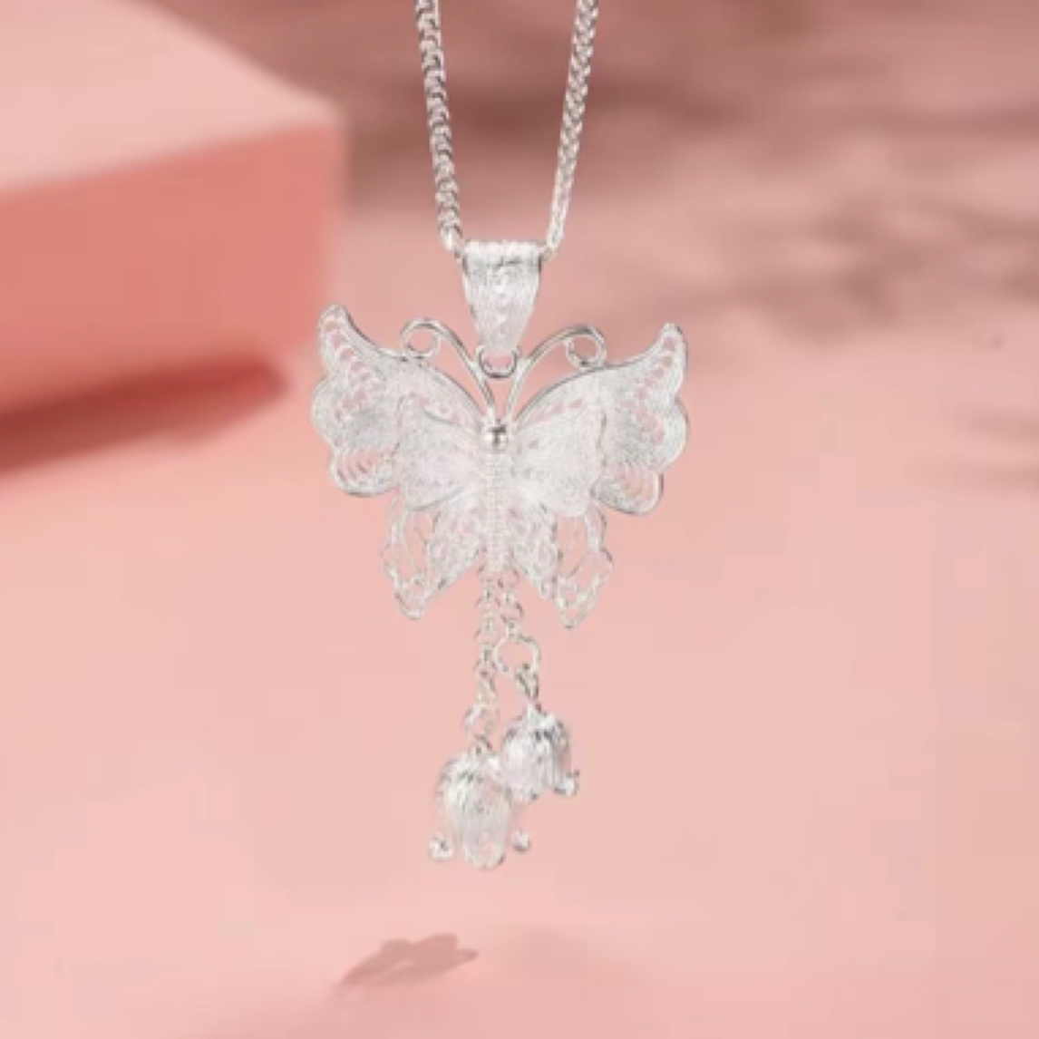 链子足银 足银 999纯银吊坠蝴蝶铃兰花丝流苏项链新中式坠子